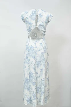 Blue bias-cut viscose-blend floral print cap sleeve open-back midi A-line dress with keyhole back