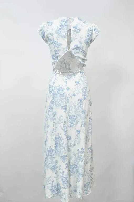 Blue bias-cut viscose-blend floral print cap sleeve open-back midi A-line dress with keyhole back