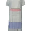 Blue bi-layer raw-edge tulle shift dress with built-in cutout slip