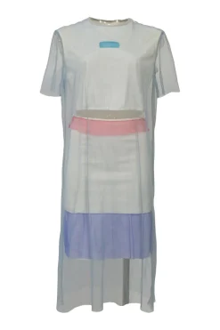 Blue bi-layer raw-edge tulle shift dress with built-in cutout slip