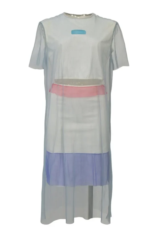 Blue bi-layer raw-edge tulle shift dress with built-in cutout slip