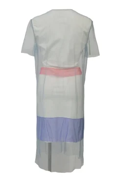 Blue bi-layer raw-edge tulle shift dress with built-in cutout slip