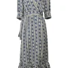 Blue border stripe floral wrap midi A-line dress with puffed sleeves and ruffled hem