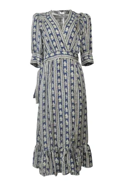 Blue border stripe floral wrap midi A-line dress with puffed sleeves and ruffled hem