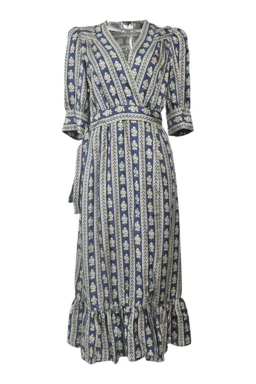 Blue border stripe floral wrap midi A-line dress with puffed sleeves and ruffled hem