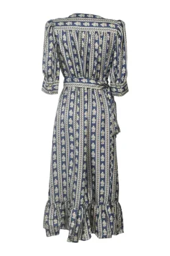 Blue border stripe floral wrap midi A-line dress with puffed sleeves and ruffled hem