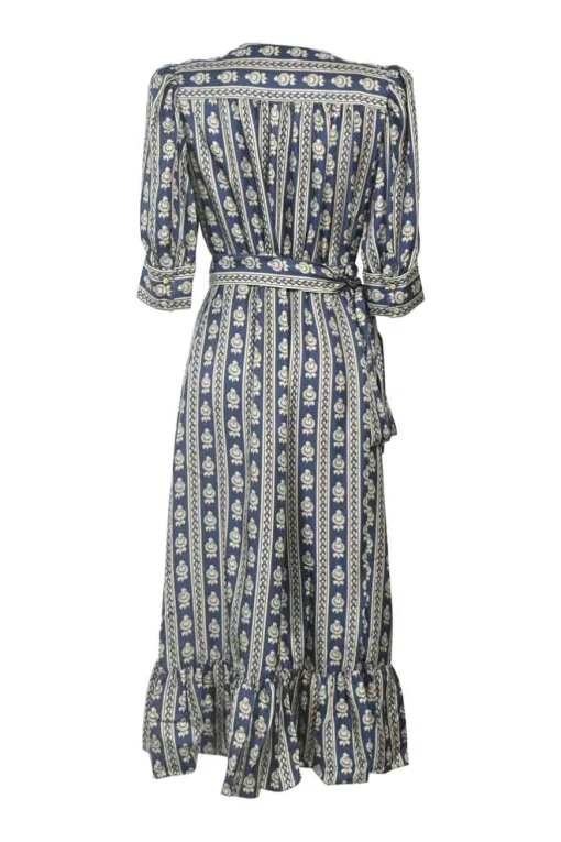 Blue border stripe floral wrap midi A-line dress with puffed sleeves and ruffled hem