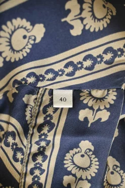 Blue border stripe floral wrap midi A-line dress with puffed sleeves and ruffled hem
