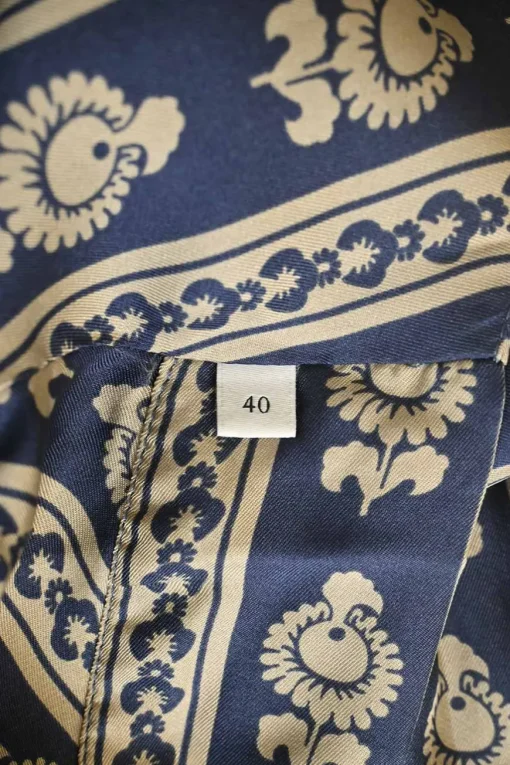 Blue border stripe floral wrap midi A-line dress with puffed sleeves and ruffled hem