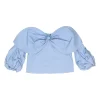 Blue bow-embellished cotton-silk blend off-shoulder blouse with gathered sleeves