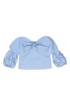 Blue bow-embellished cotton-silk blend off-shoulder blouse with gathered sleeves