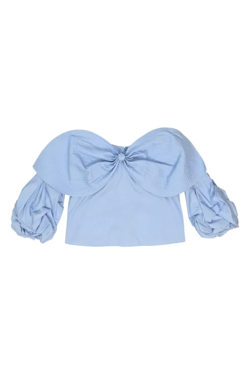 Blue bow-embellished cotton-silk blend off-shoulder blouse with gathered sleeves