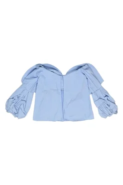 Blue bow-embellished cotton-silk blend off-shoulder blouse with gathered sleeves