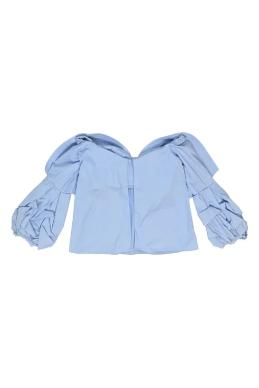 Blue bow-embellished cotton-silk blend off-shoulder blouse with gathered sleeves