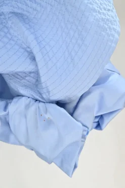 Blue bow-embellished cotton-silk blend off-shoulder blouse with gathered sleeves