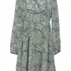 Blue Celadon Bouquet print polyester chiffon tie-neck keyhole front mini dress