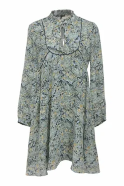 Blue Celadon Bouquet print polyester chiffon tie-neck keyhole front mini dress