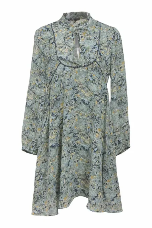 Blue Celadon Bouquet print polyester chiffon tie-neck keyhole front mini dress