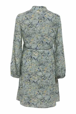 Blue Celadon Bouquet print polyester chiffon tie-neck keyhole front mini dress