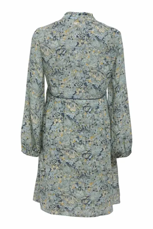 Blue Celadon Bouquet print polyester chiffon tie-neck keyhole front mini dress