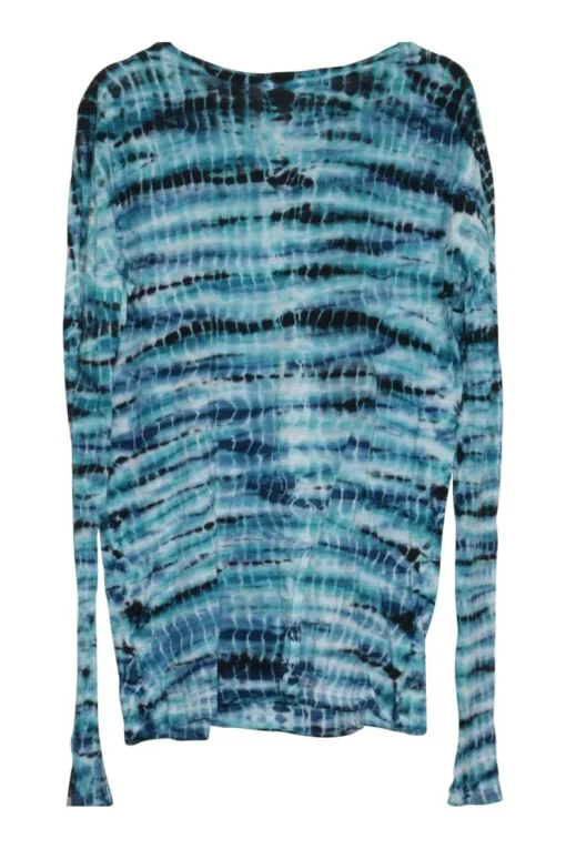 Blue cotton accordion tie-dye pullover scoop neck long sleeve soft jersey top