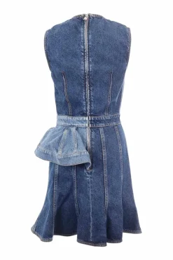 Blue cotton denim sleeveless peplum dress
