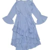 Blue cotton floral print Faulkner button-front ruffle mini dress with flounce sleeves and high-low hem