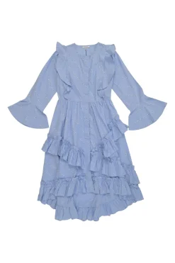 Blue cotton floral print Faulkner button-front ruffle mini dress with flounce sleeves and high-low hem