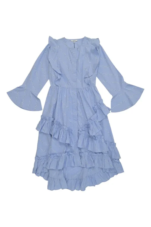 Blue cotton floral print Faulkner button-front ruffle mini dress with flounce sleeves and high-low hem