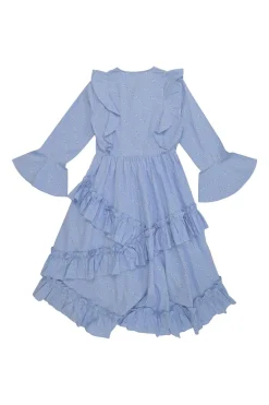 Blue cotton floral print Faulkner button-front ruffle mini dress with flounce sleeves and high-low hem