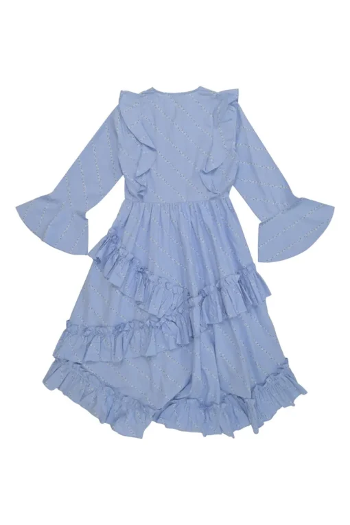 Blue cotton floral print Faulkner button-front ruffle mini dress with flounce sleeves and high-low hem