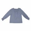 Blue cotton Oxford off-shoulder blouse with blouson sleeves