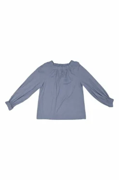 Blue cotton Oxford off-shoulder blouse with blouson sleeves