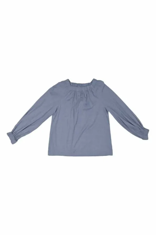 Blue cotton Oxford off-shoulder blouse with blouson sleeves