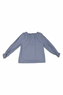 Blue cotton Oxford off-shoulder blouse with blouson sleeves