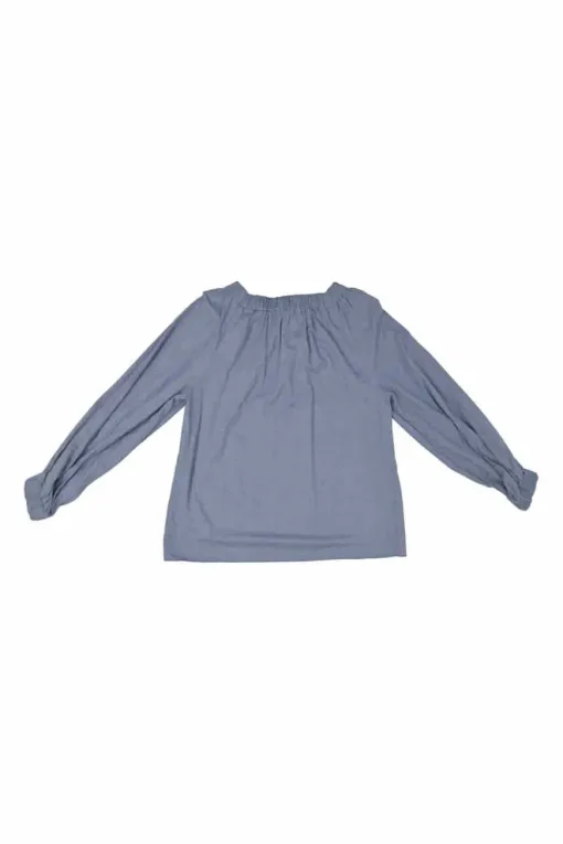 Blue cotton Oxford off-shoulder blouse with blouson sleeves