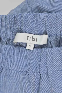 Blue cotton Oxford off-shoulder blouse with blouson sleeves