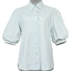 Blue cotton poplin point-collar button-front puffed half-sleeve shirt
