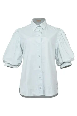 Blue cotton poplin point-collar button-front puffed half-sleeve shirt