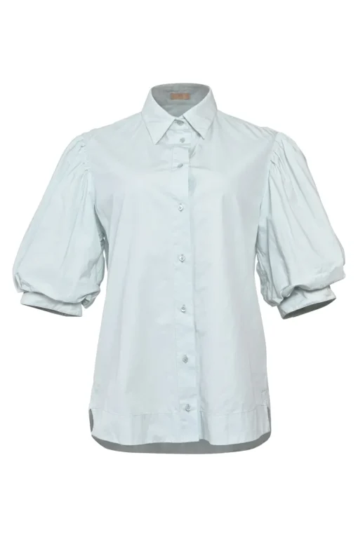 Blue cotton poplin point-collar button-front puffed half-sleeve shirt