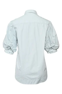 Blue cotton poplin point-collar button-front puffed half-sleeve shirt