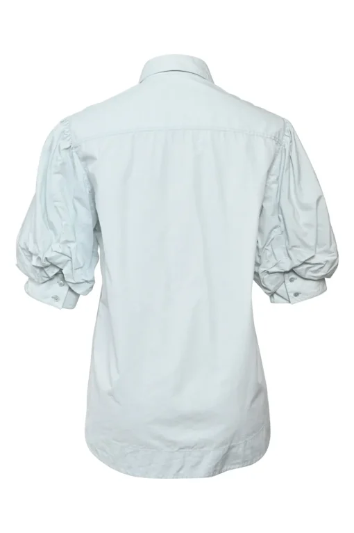 Blue cotton poplin point-collar button-front puffed half-sleeve shirt
