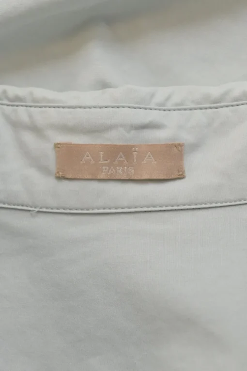 Blue cotton poplin point-collar button-front puffed half-sleeve shirt