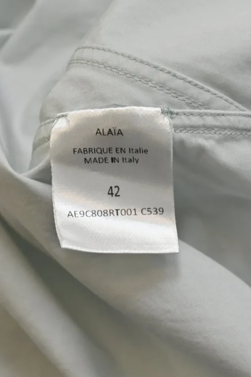 Blue cotton poplin point-collar button-front puffed half-sleeve shirt