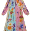 Blue cotton voile floral print off-shoulder swing-style shift with balloon sleeves
