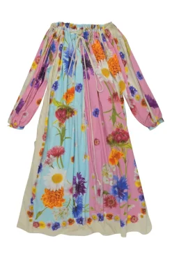 Blue cotton voile floral print off-shoulder swing-style shift with balloon sleeves