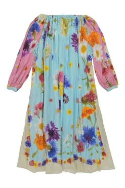 Blue cotton voile floral print off-shoulder swing-style shift with balloon sleeves