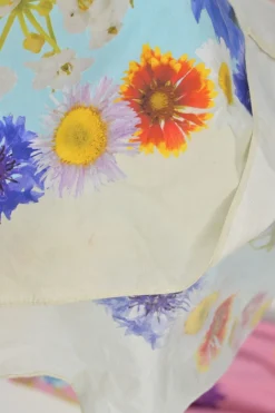 Blue cotton voile floral print off-shoulder swing-style shift with balloon sleeves