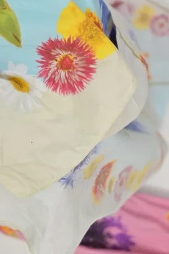 Blue cotton voile floral print off-shoulder swing-style shift with balloon sleeves