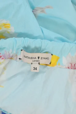 Blue cotton voile floral print off-shoulder swing-style shift with balloon sleeves